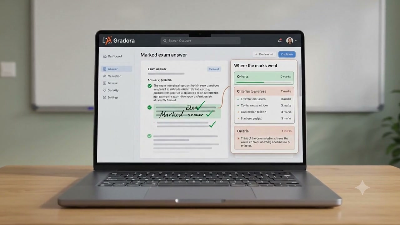 The Gradora platform on a laptop, showing a marked exam answer and a breakdown of where each mark was won and lost.